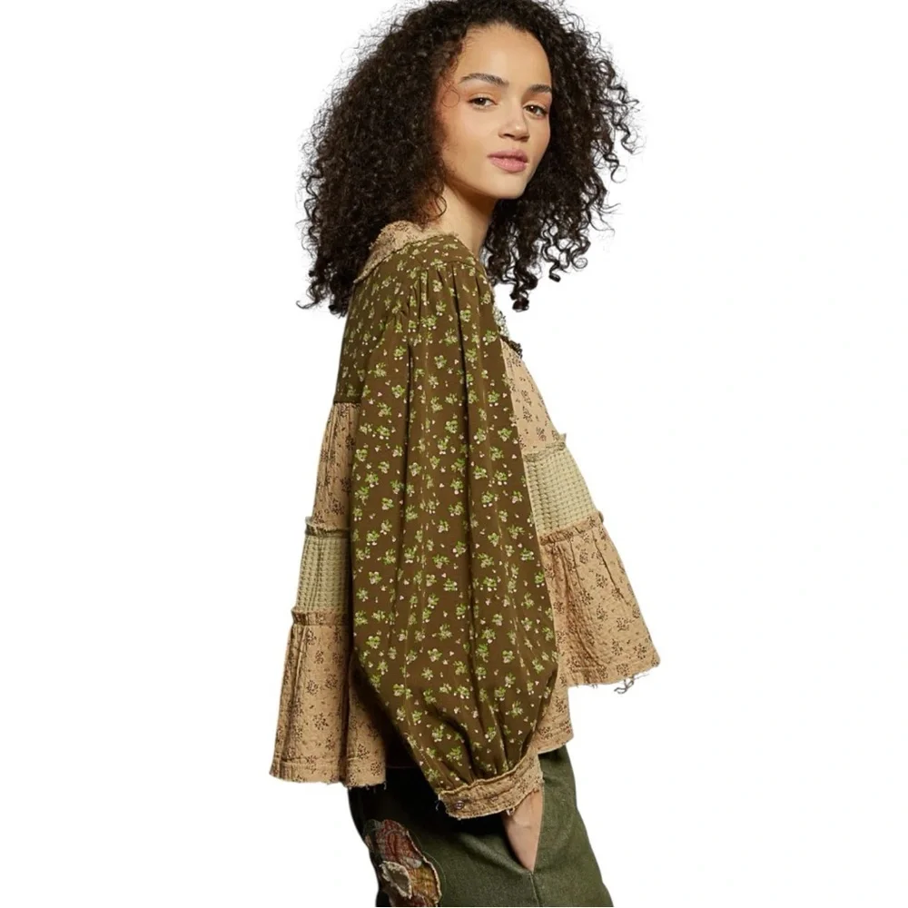 POL L Floral Patchwork Blouse - Brown and Tan Pearl Accents - Picture 2 of 13
